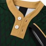 Custom two-button baseball jersey collar, buttons and stitching close-up