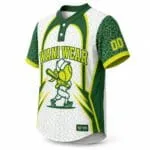 Custom green two-button baseball jersey side view with team mascot