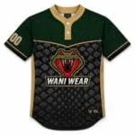 Custom green black and gold two-button baseball jersey front view