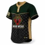 Custom snake-print two-button baseball jersey side view with team logo