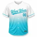 Custom white and turquoise baseball full button jersey front view with team logo and number