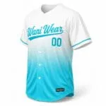 Customized white and turquoise button-up baseball jersey side view for teams and clubs