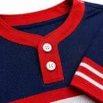 Custom two-button baseball jersey collar, sleeve and stitching detail