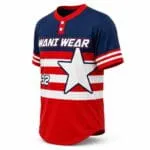 Custom red white and navy two-button baseball jersey side view