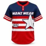 Custom two-button baseball jersey front view with team logo and player number 32