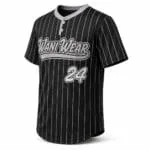 Custom two-button baseball jersey side view with team logo and number