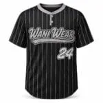 Custom black pinstripe two-button baseball jersey front view