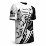 Personalized black and white baseball T-shirt side view with player artwork, baseball club sleeve logo and custom name