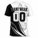 Custom baseball team T-shirt back view with Wani Wear name, player number 00 and monochrome player graphics