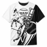 Black and white custom baseball graphic T-shirt jersey front view with player illustrations, baseball graphics and Wani Wear logo