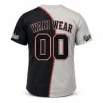 Custom baseball team T-shirt back view with Wani Wear name, player number 00 and red baseball-seam design