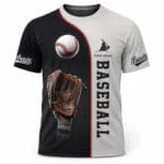 Black and grey custom baseball graphic T-shirt jersey front view with baseball, glove and red seam artwork