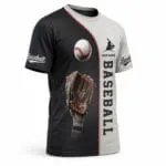 Personalized baseball T-shirt jersey side view with black and grey panels, glove graphic and custom name area