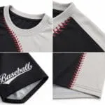 Custom baseball graphic T-shirt stitching close-up showing crew neck, sleeve hem, red seam design and finished bottom hem