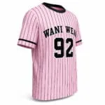 Pink personalized baseball T-shirt jersey side view with black pinstripes, contrast collar and player number 92