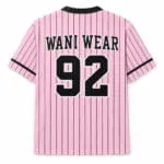 Custom pink pinstripe baseball jersey back view with Wani Wear name, large black number 92 and sleeve trim