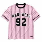 Pink custom pinstripe baseball T-shirt jersey front view with Wani Wear team name, black number 92 and branded hem label