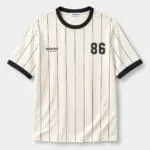Cream custom pinstripe baseball T-shirt jersey front view with Wani Wear logo, black trim and number 86