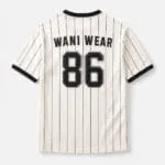 Custom pinstripe baseball T-shirt back view with Wani Wear player name and black number 86