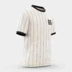 Cream custom pinstripe baseball T-shirt jersey side view with black collar, sleeve cuffs and number 86