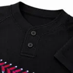 Two-button baseball jersey collar close-up with reinforced stitching and mesh fabric