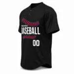 Black custom two-button baseball jersey side view with sublimated team design