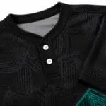 Custom two-button baseball jersey collar and reinforced stitching close-up