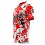 Custom two-button baseball jersey side view with breathable short-sleeve performance fabric