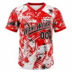 Custom two-button baseball jersey front view with red, white and black sublimation design