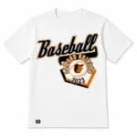 White custom baseball T-shirt jersey front view with black-and-orange team graphic and Wani Wear label