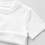 White custom baseball T-shirt jersey stitching close-up showing crew neck, shoulder seam and durable sleeve hem