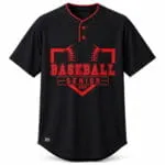Custom two-button baseball jersey collar with red piping, buttons and reinforced stitching