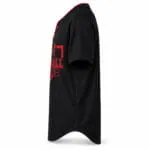 Custom two-button baseball jersey side view showing short sleeve and curved hem