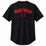 Custom black and red two-button baseball jersey back view with WANI WEAR graphic