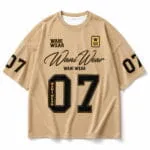 Tan custom oversized baseball T-shirt jersey side view with black-and-gold graphics, number 07 and relaxed fit