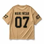 Tan personalized baseball T-shirt back view with Wani Wear name, number 07 and custom sleeve numbers
