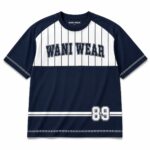 Custom baseball T shirt jersey front view with navy blue pinstripe design by Wani Wear