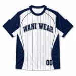 Navy and white custom baseball T shirt jersey front view with pinstripes, Wani Wear logo and player number 00