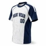 Navy and white pinstripe custom baseball jersey side view with raglan sleeves and contrast panels