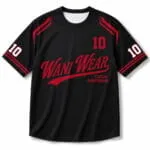 Black and red custom baseball T shirt jersey front view with Wani Wear logo and player number 10