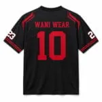 Custom black baseball jersey back view with red Wani Wear name and large player number 10