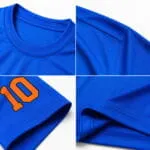 Reinforced collar, shoulder, sleeve and hem stitching on a blue custom baseball T shirt jersey