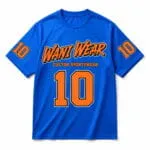 Blue and orange custom baseball T shirt jersey front view with Wani Wear logo and player number 10