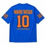 Custom blue baseball jersey back view with Wani Wear team name and orange player number 10