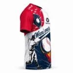 Red, white and navy custom baseball jersey side view with player, glove and baseball artwork
