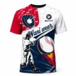 Custom baseball T shirt jersey front view with red, white and navy sublimated baseball graphics by Wani Wear