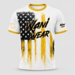 Custom baseball T-shirt jersey front view with black white and gold sublimated design