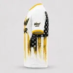 Custom sublimated baseball jersey side view with Wani Wear sleeve logo and gold trim