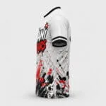 Custom baseball jersey side view with striped sleeves and red black splatter graphics