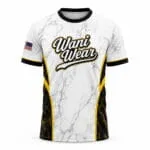 Custom baseball T-shirt jersey front view with Wani Wear logo and black gold marble design